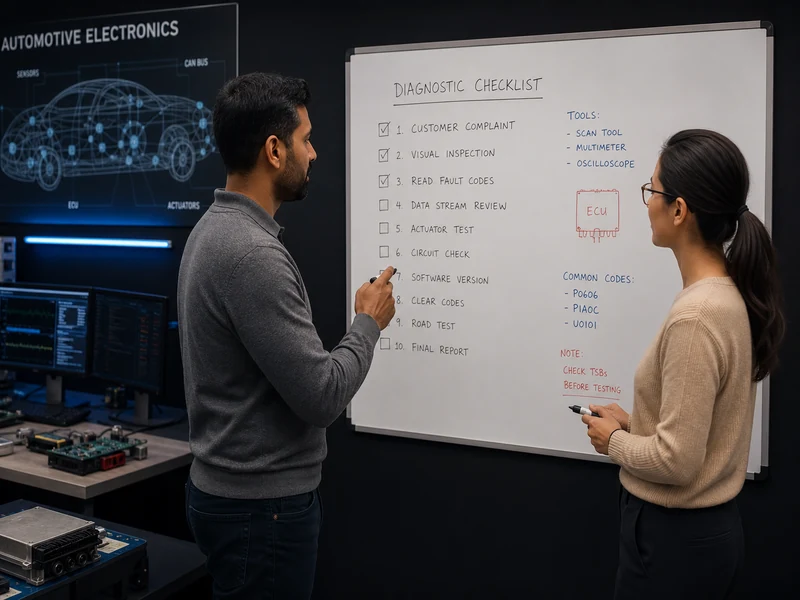 Kollegen besprechen Prüf-Checkliste an Whiteboard