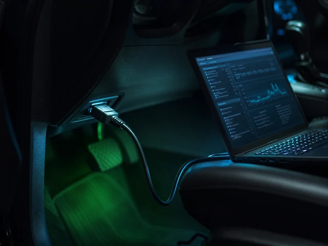 Diagnose-Laptop am OBD-Anschluss in dunkler Werkstattumgebung
